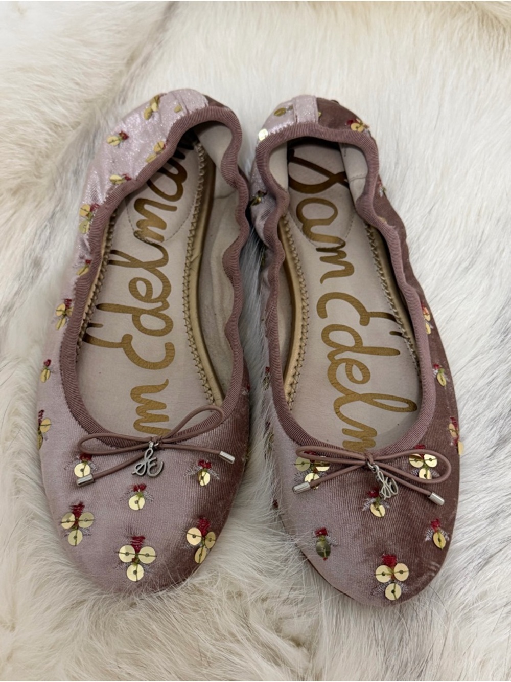Sam Edelman Dusty Rose Pink Velvet Ballet Flats Floral Sequins 8.5 WORN ONCE - Picture 2 of 7